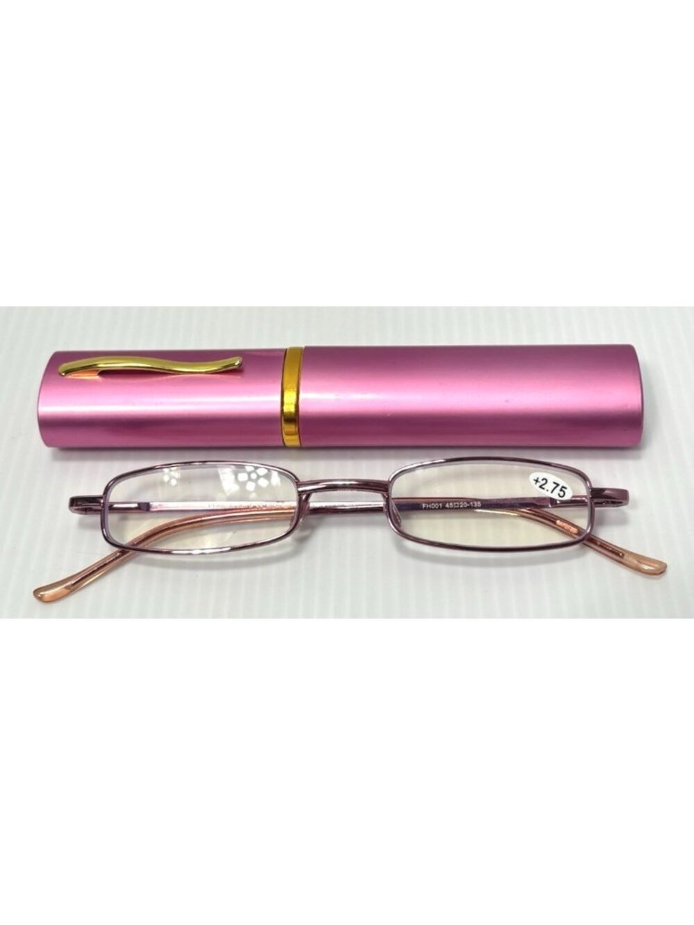 +2.75 Reading Glasses Pink Slim Metal Frame with Matching Hard Case Portable